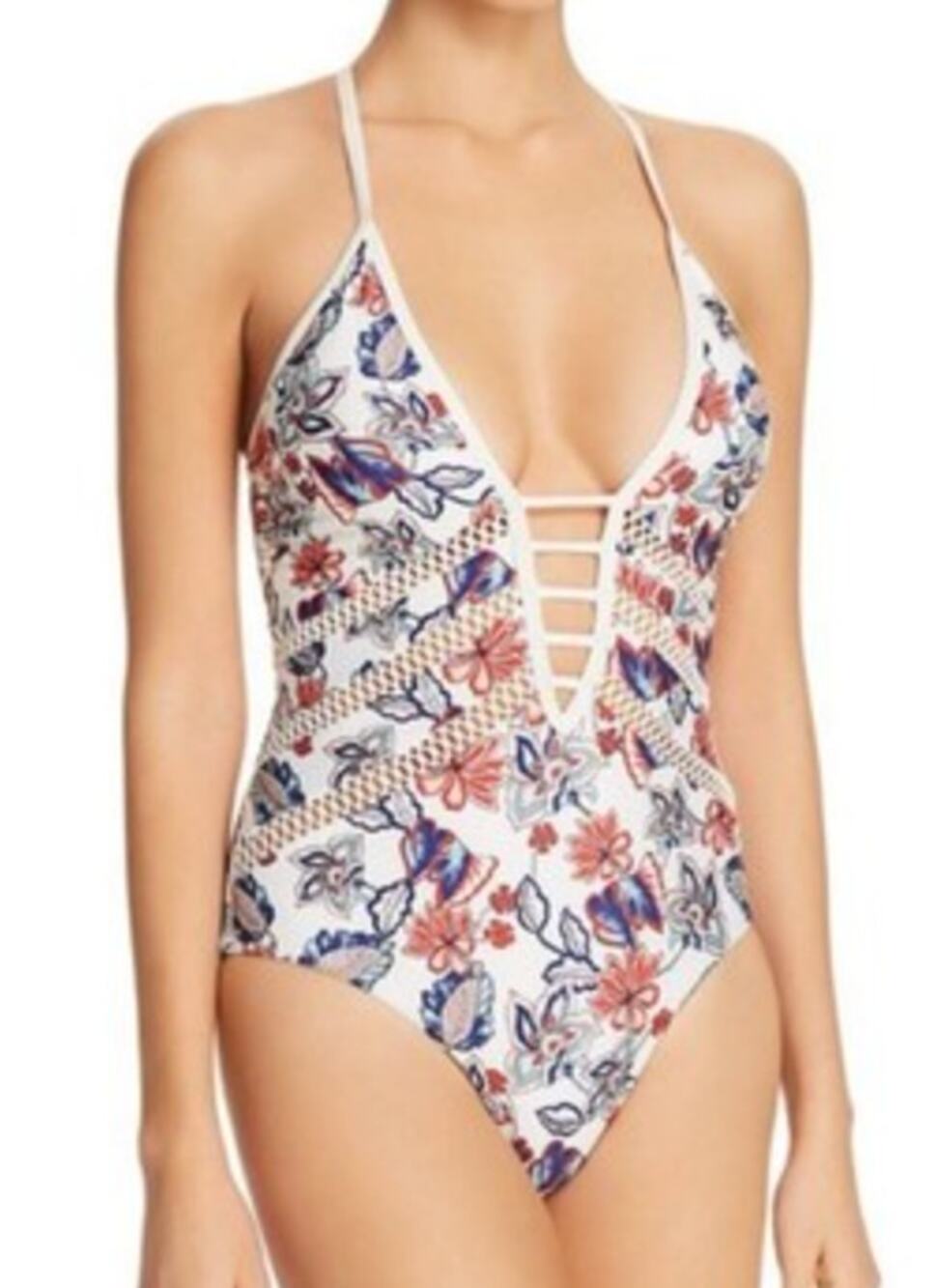 Ella Moss Folktale One Piece Plunge Tie Back Floral Swimsuit White Large